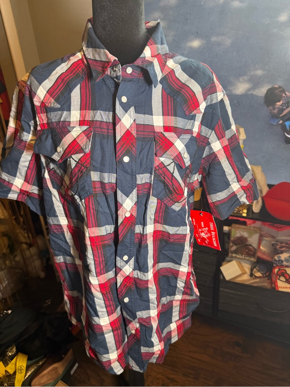 True Religion Men's Red, Navy & White Plaid Button-Down Shirt